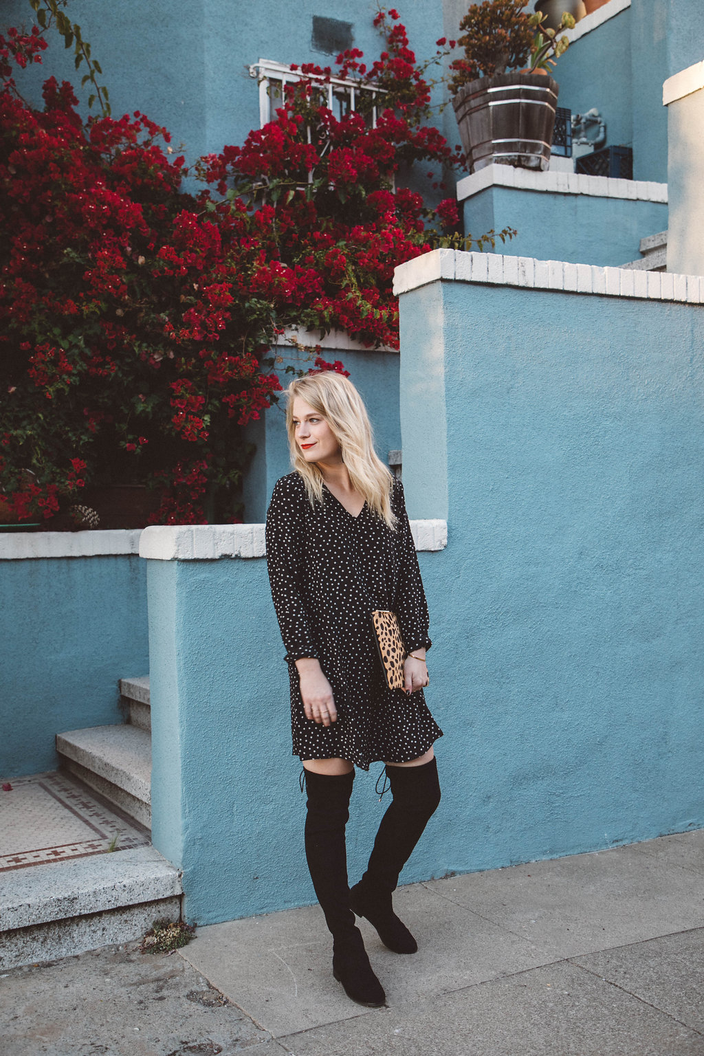 Silk Madewell Dress with Black Over The Knee Boots.